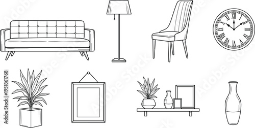 Home decor illustration, furniture interior artwork, decorative vector design, bold graphic icon, black white living space symbol