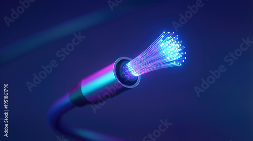 Fiber optic cable end with glowing light strands on dark background. Speed internet and broadband data transmission technology. Digital network infrastructure and telecommunication signal connection