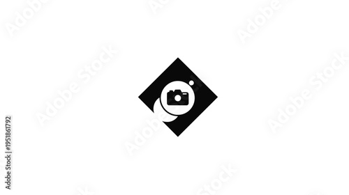 Modern abstract camera icon in a stylized black diamond, symbolizing photography, multimedia, creative vision, and digital content creation