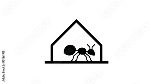 Ant in house icon representing pest control, home infestation, or insect problem. Minimal black and white graphic symbol.
