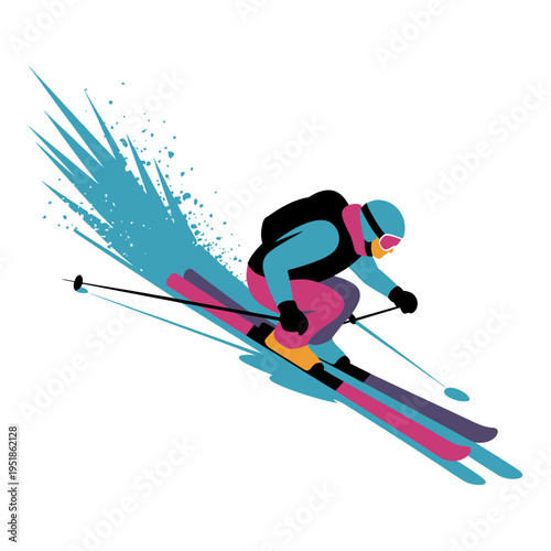 colorful vector illustration of skier racing downhill with dynamic motion splash showing speed adrenaline and winter sports action isolated on clean background
