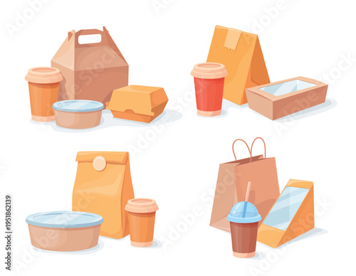 Takeout packaging. Takeaway food delivery disposable packaging, fastfood combo pack lunch box paper bag plastic cup fast eating containers, cartoon set neat vector illustration