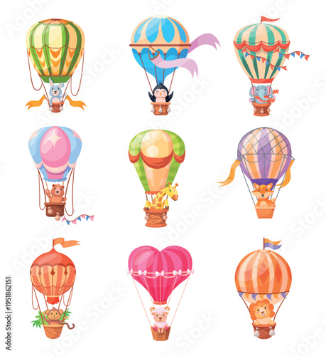 Animals hot air balloon. Cute baby animal fly in basket aerostat balloons, cartoon lion elephant giraffe monkey bear flying airship transport neat child nursery vector illustration