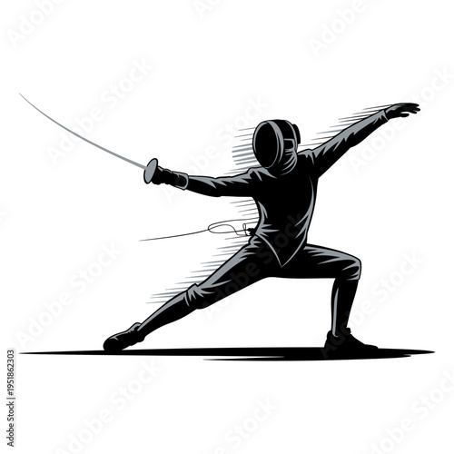 dynamic fencing athlete silhouette in action pose with sword modern vector illustration showcasing speed precision combat sport training and competitive performance with motion effect