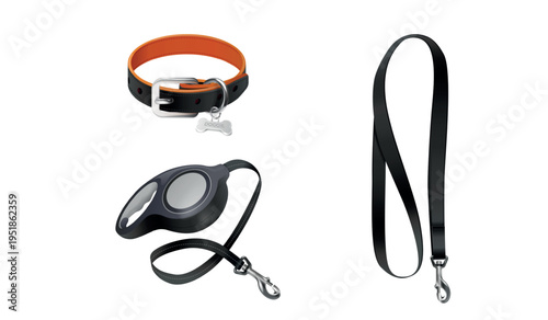 Realistic belt collars. Leather pet collar with metal buckle, dog cat safety control puppy training necklace nylon strap domestic animal isolated leashes, exact vector illustration