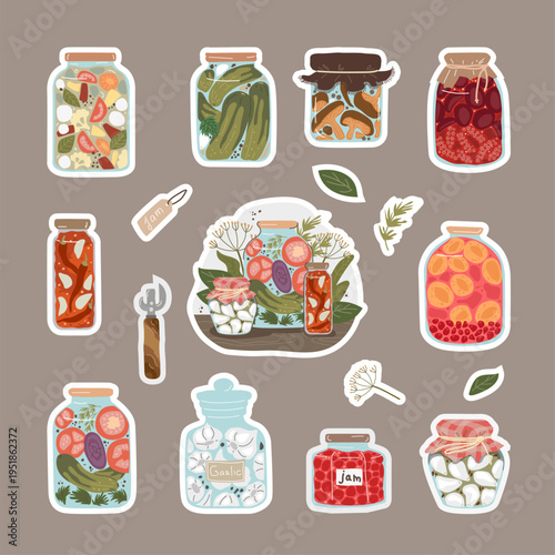 Homemade canning jars sticker set. Glass jars with pickled vegetables, tomatoes, cucumbers, jam and compote. Summer harvest and food preservation concept. Digital illustration.