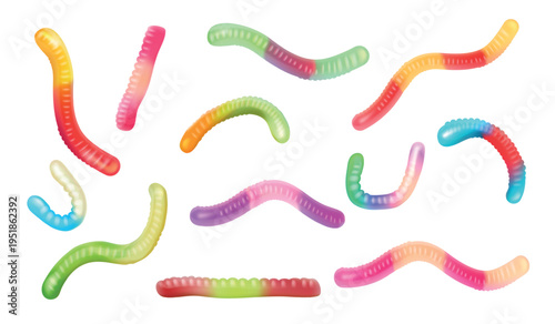 Gummy worms. Realistic sour chewy worm, candy jelly snack fruit treat colorful candies red green fun sticky sweet food dessert fruit gummy sweets set, 3d exact vector illustration