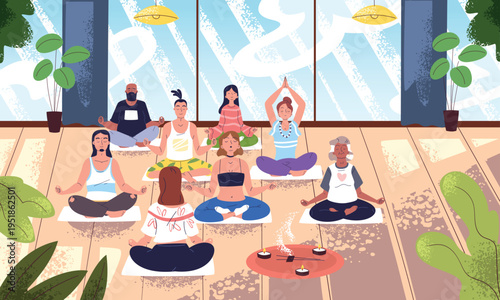 Yoga meditation group. Calm people meditate together class room interior, breathing exercise training mindfulness vipassana pranayama spiritual practice classy vector illustration
