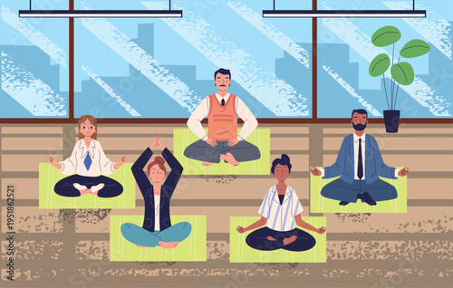 Office workers meditation. Corporate worker meditate yoga practice, employee group wellness business suit staff stress relief work break fitness training classy vector illustration