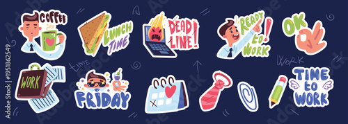 Office life stickers. Corporate work vibe, funny worker collage coffee laptop workflow staff motivational quotes doodle badges trendy creative sticker, classy vector illustration