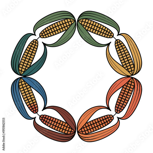 circular corn wreath vector illustration with colorful maize cobs arranged in decorative ring pattern symbolizing harvest agriculture farming tradition seasonal abundance and rural nature design