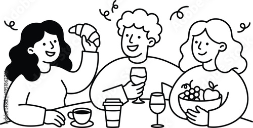 Friends enjoying breakfast and drinks together in a cozy cafe setting