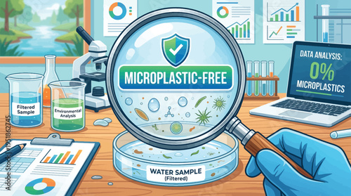 Microplastic-Free Water Sample Analysis Vector Illustration with Magnifying Glass and Lab Equipment for Environmental Research and Sustainability