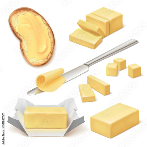 Realistic butter. Butter stick margarine block spread bar curl slice creamy brick, dairy product set milk breakfast food battered bread knife 3d isolated garish vector illustration