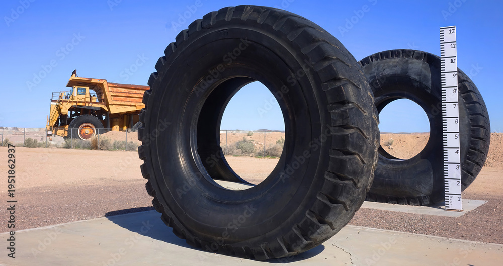 Obraz premium Massive tires used on a mining haul truck pictured in background