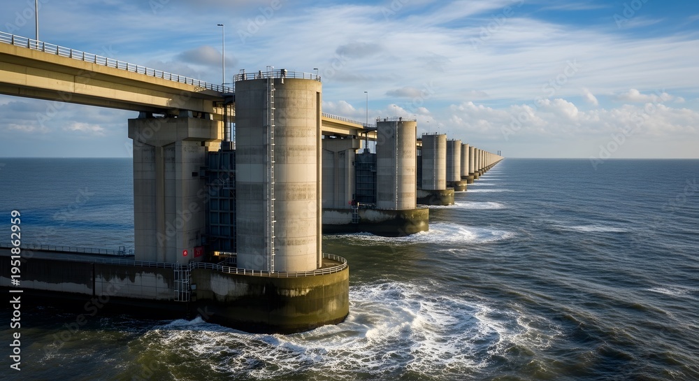 Obraz premium Massive Storm Surge Barrier Bridge Over Ocean Landscape
