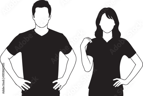 Silhouetted couple standing with hands on hips faceless design