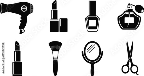 Black silhouette icons of beauty and grooming tools including hair dryer, lipstick, nail polish, perfume bottle, makeup brush, mirror, and scissors for fashion design
