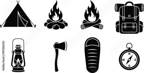 Black silhouette icons of camping gear including tent, campfire, backpack, lantern, axe, sleeping bag, and compass representing outdoor adventure and travel essentials illustration