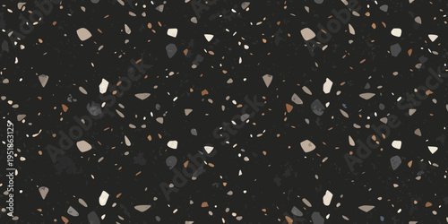 Dark terrazzo pattern with scattered stone and mineral fragments