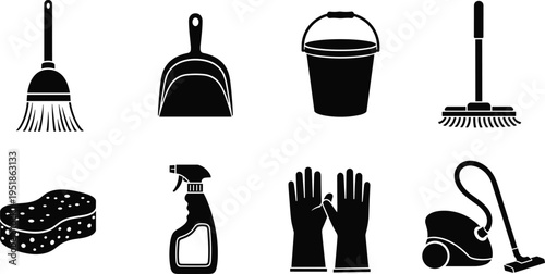 Black silhouette icons of cleaning tools including broom, dustpan, bucket, mop, sponge, spray bottle, gloves, and vacuum cleaner for household and sanitation design