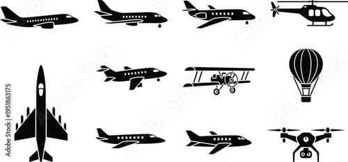 Black silhouette icons of diverse aircraft including commercial jets, military planes, helicopter, biplane, hot air balloon, and drone for aviation design and illustration