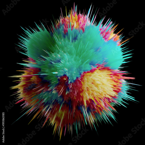 Vibrant Colorful Abstract Burst Explosion 3D Digital Art Multicolor Spiky Paint Splash On Black