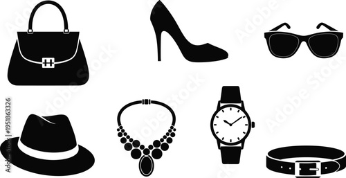 Black silhouette icons of fashion accessories including handbag, high‑heeled shoe, sunglasses, fedora hat, necklace, wristwatch, and belt for style, retail, and design