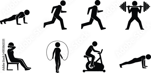 Black silhouette icons of fitness and exercise activities including push‑ups, running, weightlifting, sit‑ups, jump rope, cycling, and plank for workout and health design