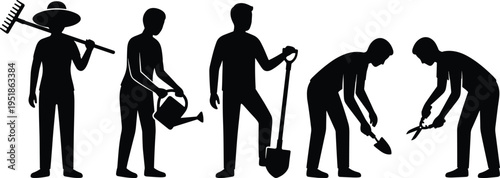 Black silhouette icons of gardening activities including rake, watering can, shovel, hand trowel, and pruning shears for landscaping, farming, and outdoor design illustration