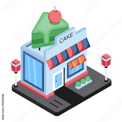 An isometric design icon of cake shop