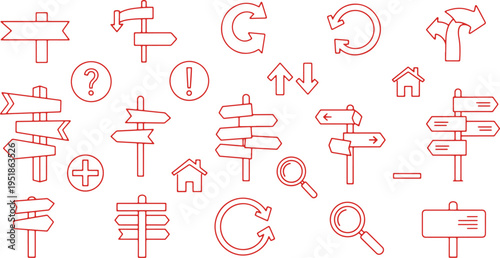 Collection of various directional and informational icons in red outline style