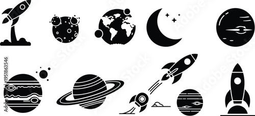 Black silhouette icons of rockets, planets, moons, and celestial bodies including Earth, Saturn, crescent moon, and cratered surfaces for astronomy and science design