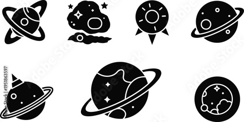 Black silhouette icons of space and astronomy including planets with rings, rocket, nebula, stars, and moon surface view for science, education, and design