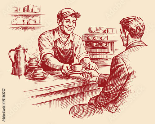 Vintage Coffee Shop Illustration of Barista Serving Customer Espresso in Cozy Cafe