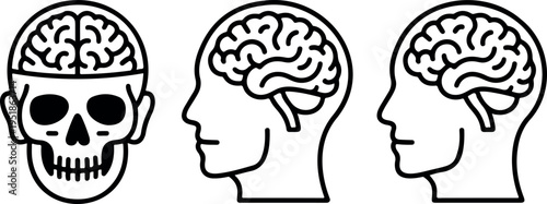 Minimalist outline of human skull and brain, multiple angles, simple black and white line art