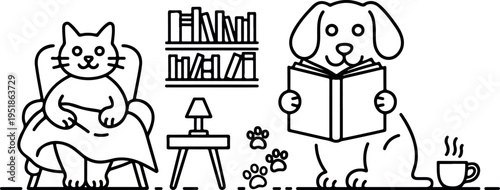 Playful cat under blanket and dog reading book line art vector with bookshelf and paw prints room interior
