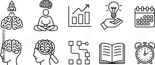 Psychology and cognitive science linear icons collection featuring human head brain and analytical research