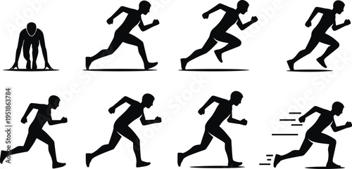 Black silhouette icons showing sprinting progression from crouched start to full running motion with speed lines, ideal for sports science, fitness, and animation design