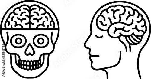 Simple line art of human skull with brain and side profile of head with brain