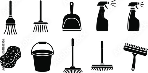 Silhouette icons of household cleaning tools including broom, rake, dustpan, spray bottles, sponge, bucket, scrub brushes, and squeegee for hygiene, sanitation, and cleaning design resources