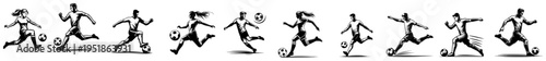 Soccer football players silhouette set vector, athletes in action running and kicking ball in hand drawn sketch style