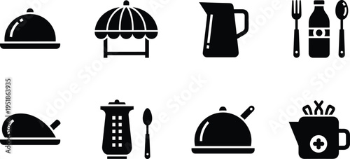 Silhouette icons of food and dining elements including cloche, market stall, jug, bottle, utensils, shaker, and cup for restaurant, menu, and nutrition design resources