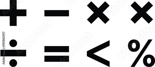 Silhouette icons of mathematical symbols including addition, subtraction, multiplication, division, equal, less than, and percent for arithmetic, algebra, and education design resources