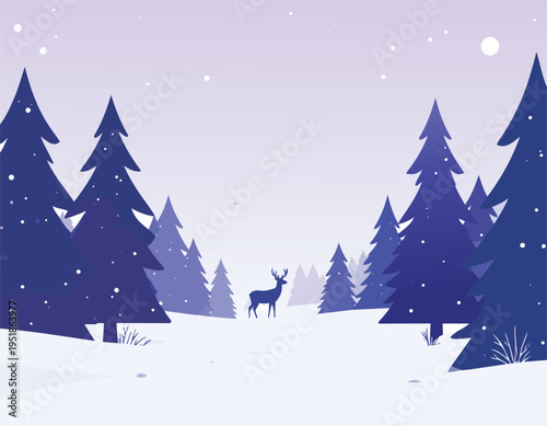 Winter Christmas Landscape with Snowy Trees and Stars