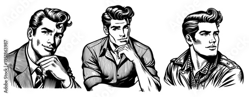 Handsome retro man portrait set vector, vintage male fashion model with pompadour hairstyle hand drawn sketch