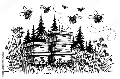 Beehives in flower field with honey bees vector, apiary and beekeeping concept in hand drawn sketch style