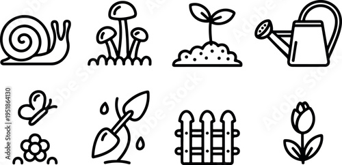 Cute garden icons set snail mushroom seedling watering can shovel butterfly flower fence
