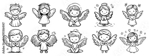 Schilderij op canvas Cute little angel characters set vector, baby cherub with wings collection in ha