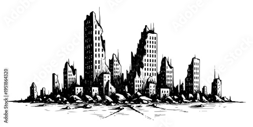 Ruined city landscape with destroyed skyscrapers vector, post-apocalyptic urban scene hand drawn sketch